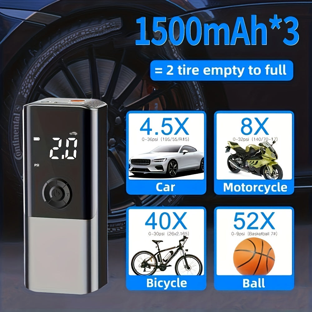 Portable Electric Car Tire Inflator Pump, USB Charging with Digital Display, Rechargeable Lithium Battery, LED Light, for Car Bike Motor Balls, ≤36V Operating Voltage, USB Type-C Connector, 1500mAh Capacity
