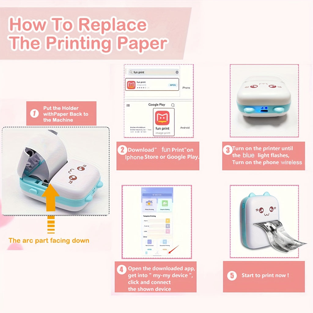 Compact Wireless Mini Photo Label Maker - Portable Thermal Printer for Android & IOS with 1 Roll of Thermal Paper, USB Rechargeable and Instant Printing Capability