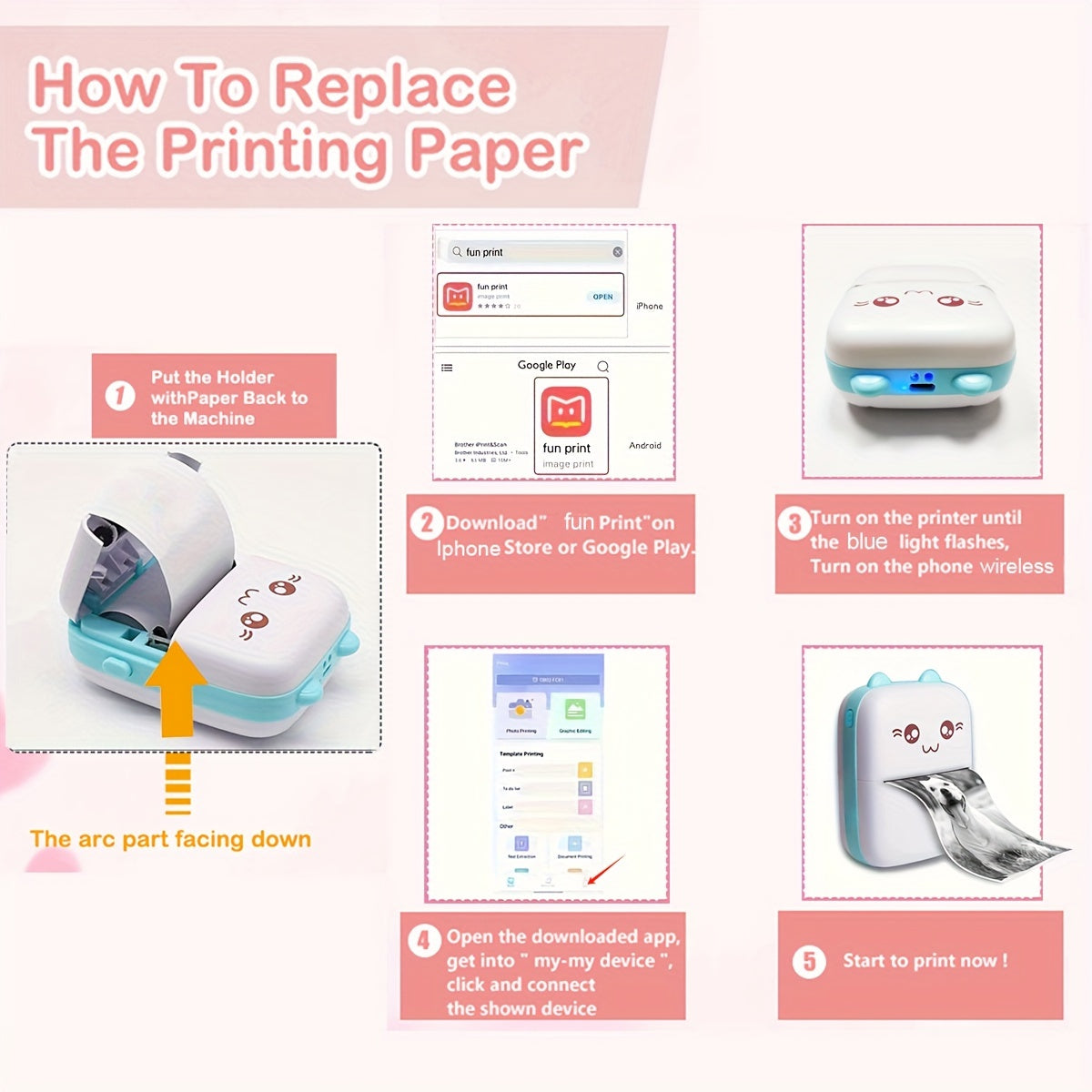 Compact Wireless Mini Photo Label Maker - Portable Thermal Printer for Android & IOS with 1 Roll of Thermal Paper, USB Rechargeable and Instant Printing Capability